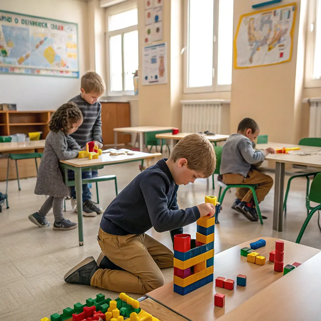 Classroom setting with children playing with building blocks