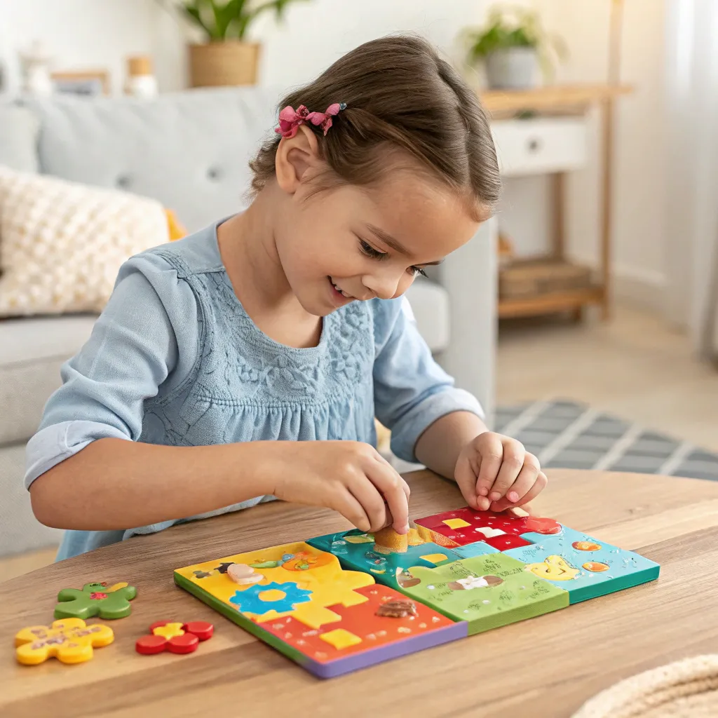 Rachel's niece playing with colorful puzzle set
